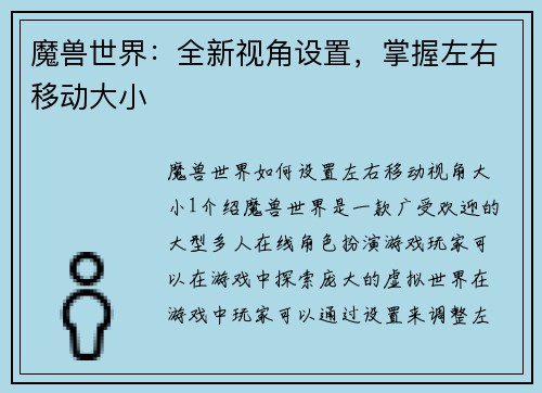 魔兽世界：全新视角设置，掌握左右移动大小