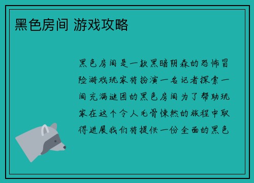 黑色房间 游戏攻略